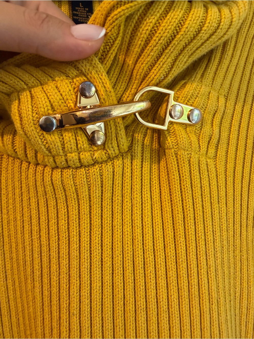 Ralph Lauren Mustard Ribbed Shawl-Collar Sweater with Buckle Accent - Picture 3 of 5